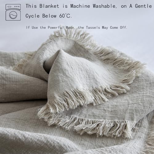 Simple&Opulence 100% Linen Throw Blanket 55x75 inches, Farmhouse Boho Tassel Blanket for Couch, Bed, Sofa, Breathable Natural Cozy Décor, Linen - color: Linen