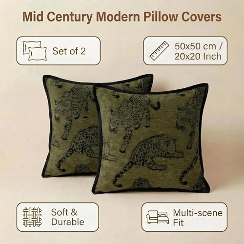 Mantle & Mason Leopard Throw Pillow Covers 20x20 Set of 2 Cheetah Decorative Pillow Covers for Couch Bed Living Room Mid Century Modern Soft Cushion Covers Dark Green - color: Leopard Green, size: 20" x 20" (Pack of 2)