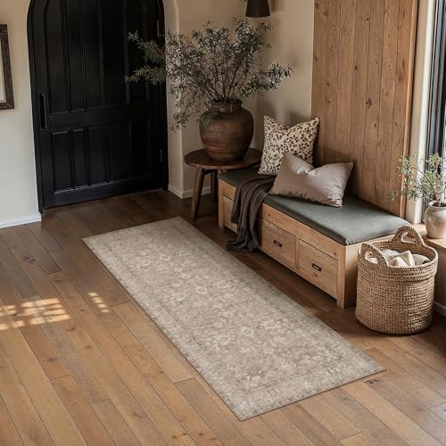 HUGEAR 2x6 Washable Vintage Runner Rug Light Brown Neutral Distressed Low Pile Non Slip Soft Long Area Carpet Indoor Hallway Throw Rug for Entrance Kitchen Bathroom Laundry Living Room - color: Light Brown, size: 2' x 6' (Runner)