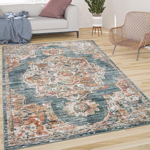 Paco Home Vintage Rug Oriental Design with Colorful Ornaments in Faded Turquoise, Size: 4' x 5'7" - color: Turquoise-3, size: 4' x 5'7" (Rectangular)