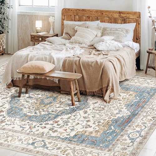 Area Rug for Living Room - 9x12 Soft Washable Oriental Vintage Floral Distressed Large Carpet - Fade Stain Resistant Non Slip Rugs for Bedroom Dining Room Nursery Dorm Office Home Decor - Blue/Beige - color: Blue/Beige, size: 9' x 12' (Rectangular)