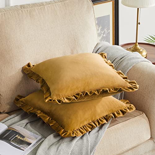 GIGIZAZA Pack of 2 Dark Gold Throw Pillow Covers 20x20 Decorative Ruffle Velvet Cushion Cover for Couch Pillowcase - color: Dark Gold, size: 20" x 20" (Pack of 2)