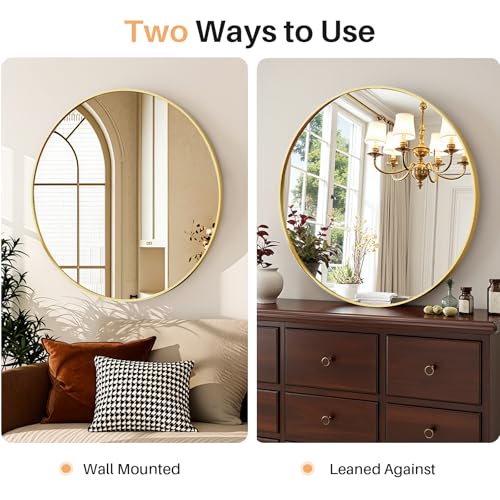 24 Inch Round Bathroom Mirror for Wall, Matte Gold Metal Framed | Circle Vanity Mirror for Bathroom Bedroom Living Room Entryway, Anti-Rust, Tempered Glass, Hanging or Leaning - color: Matte Gold, size: 24"L x 24"W, style: Round