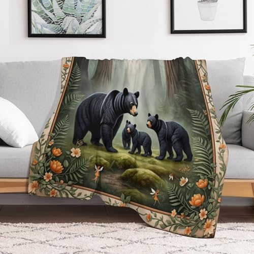 Fantasy Black Bear Forest Tree Flower Super Soft Throw Blanket, Mystical Fairy Green Flannel Fleece Decorative Throw for Sofa Couch Bedroom Decor Outdoor Use 40"x50" - color: Fantasy Black Bear Forest Tree Flower, size: 40"x50"