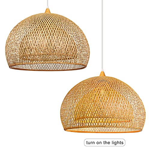Arturesthome Bamboo Pendant Light for Kitchen Island, 17.6" Wicker Chandelier Lighting, Handmade Woven Hanging Ceiling Light Lampshade for Living Room Bedroom - size: B 17.6"*11.7"