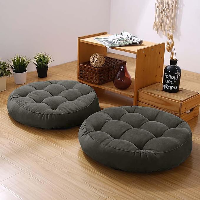 Meditation Floor Pillow Set of 2 Large Round Floor Cushions for Adults Tufted Corduroy Floor Seat Pillows Cushion for Living Room Tatami Yoga,Dark Grey 22x22 Inch