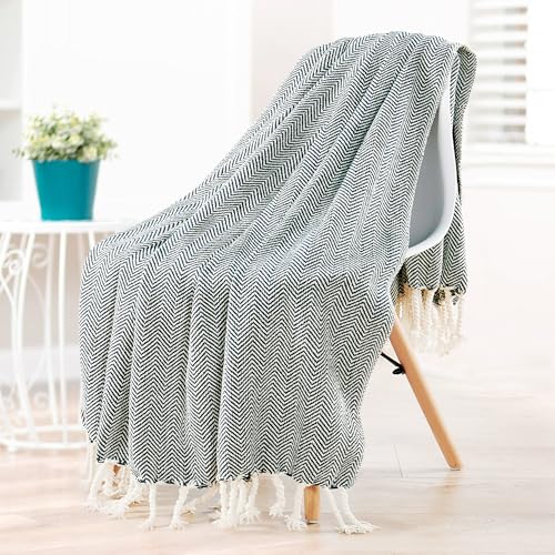 Herringbone Knitted Two Tone Throw Blankets with Braided Tassel Fringe, Boho Farmhouse Lightweight Turkish Throw Blanket for Couch Bed Sofa, Picnic, Yoga, Outdoor Blanket, 50 x 60 Inch, Dark Teal - color: Dark Teal
