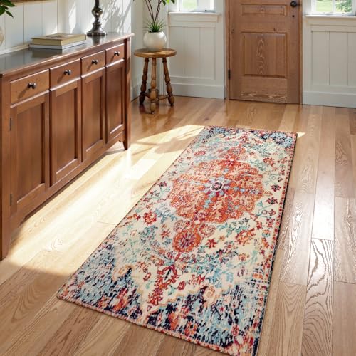Lahome Bohemian Floral Medallion Runner Rug - 2x4 Washable Laundry Room Hallyway Runner Rug Doormat,Oriental Distressed Faux Wool Non-Slip Bath Mat Low-Pile Carpet for Kitchen Bathroom Entryway,Orange - color: Orange/Multi, size: 2' x 4' (Runner)