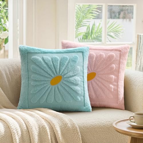 EMEMA Set of 2 Spring Summer Sunflower Floral Pillow Covers, Plush Faux Fur Decorative 18x18 Cushion Cases Adding a Soft, Bright Seasonal Accent to Sofa Couch Bed Modern Farmhouse Living Room, Blue - color: Light Blue, size: 18" x 18" (Pack of 2)