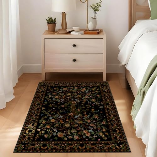 Entryway Rug 2x3 Washable, Black Non-Slip Small Area Rug, Boho Floral Botanical Low Pile Carpet for Front Door, Bathroom, Kitchen - color: Black, size: 3' x 2' (Rectangular)