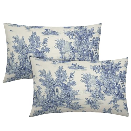 Blue Toile Pillow Covers 12x20 Inch Set of 2 Navy Blue and Beige French Country Cotton Linen Decorative Throw Pillow Case Cottage Vintage Cushion Cover for Bedroom Sofa Living Room Chair Home Decor - color: French Country Blue, size: 20" x 12" (Pack of 2)