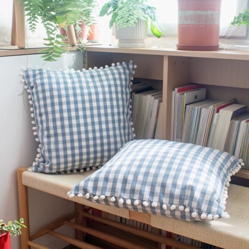 HOPLEE Light Blue Pillow Covers 18x18 Farmhouse Gingham Pillows Covers Blue and White Pillow Covers with Pom Pom for Home Decor 18x18 Inches Set of 2 - color: Blue Gingham Pom, size: 18" x 18" (Pack of 2)