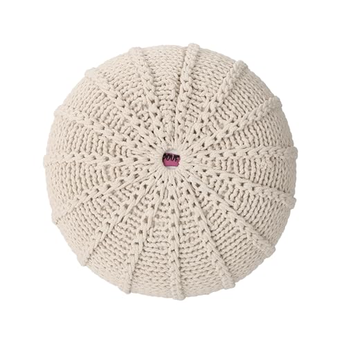 Round Boho Pouf Ottoman - Cable Knitted Cord Boho Pouffe - Stuffed Poof Accent Beanbag Footrest for Living Room - Nursery - Bedroom - Covered Patio - Study Nook (20"x20"x13") (Beige) - color: Beige