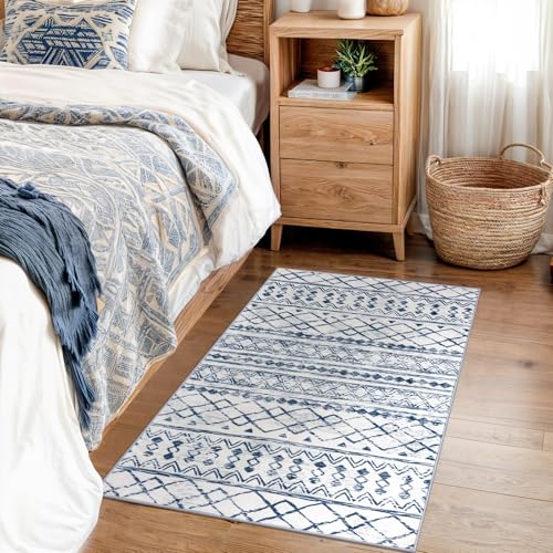 KUTA Moroccan Area Rugs, 2x3 Blue White Entryway Rug Non-Slip Washable Small Indoor Door Mat, Ultra Soft Print Vintage Distressed Geometric Low-Pile Floor Carpet for Entrance Kitchen - color: White/Blue, size: 2' x 3' (Rectangular)