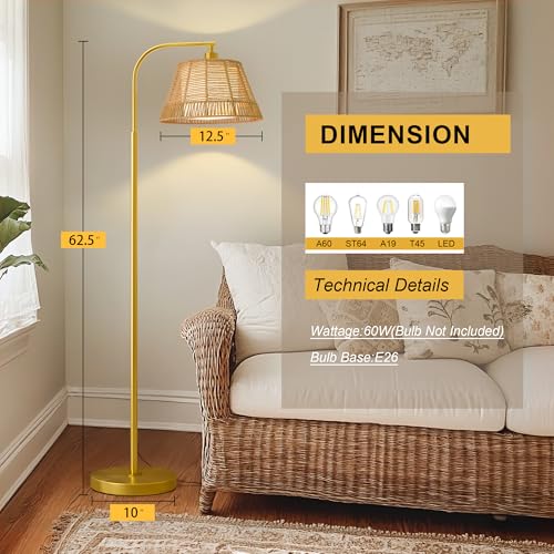 Oneach Arc Floor Lamp for Living Room,Rattan Boho Floor Lamp with Hand-Woven Wicker & Fabric Shade, Foot Switch,Gold Metal Base & Pole,Farmhouse Standing Lamp for Bedroom Corner,Office,Reading - color: Gold