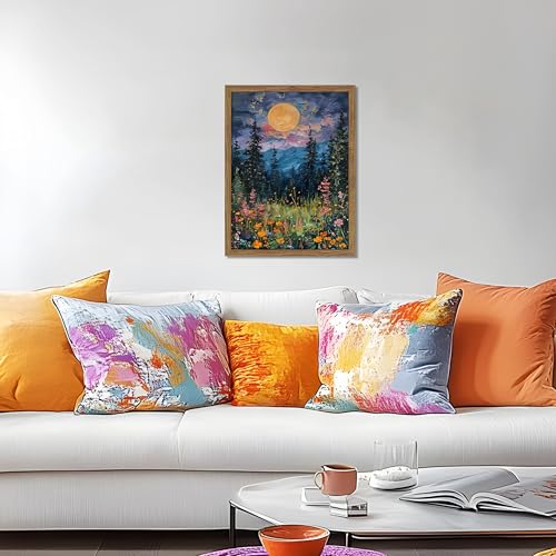 Framed Nature Forest Canvas Wall Art, Full Moon above Wildflowers and Woodland Painting, Midnight Floral Trees Art Print, Farmhouse Nature Wall Decor for Bedroom Living Room 8x10 inch - color: Ink Landscape Painting, size: 10"L x 8"W