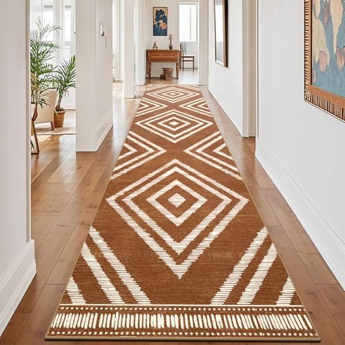 Boho Hallway Runner Rugs 2.6x14ft Non Slip, Long Brown Washable Entryway Rug Runners Non Shedding, Geometric Kitchen Floor Carpets for Doorway Entrance Farmhouse Living Room Home Decor - color: Brown, size: 2'8" x 14' (Rectangular)