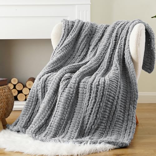 Battilo Cozy Light Grey Throw Blanket 50" x 60" | Hand Knitted Chunky Knit Throw Blanket, Soft Jumbo Chenille for Couch Sofa Bed - color: Light Grey