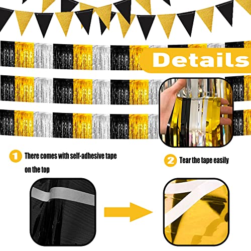 6 Pack 10 Feet Black Gold Silver Foil Fringe Garland Metallic Tinsel Streamers Banner Wall Hanging Backdrop Banner for Parade Floats, Thanksgiving, Christmas, Birthday, Halloween Party Decorations - color: 6 Pack Black Gold Silver