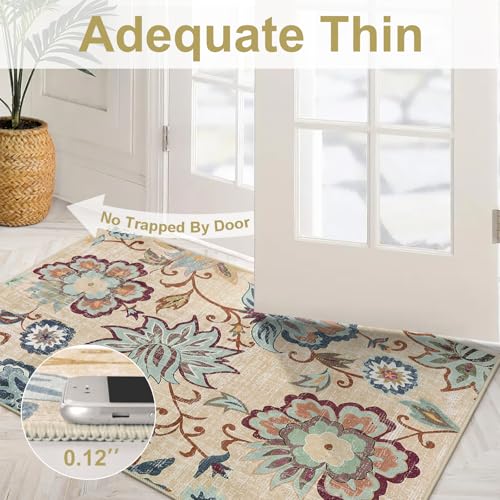 Beeiva Floral Rugs for Entryway 2x3, Paisley Washable Entryway Rug Non Slip Ultra Thin, No Skid Throw Door Mat Indoor Entrance Small Carpet for Kitchen Bathroom Bedroom - color: Cream, size: 2' x 3' (Rectangular)