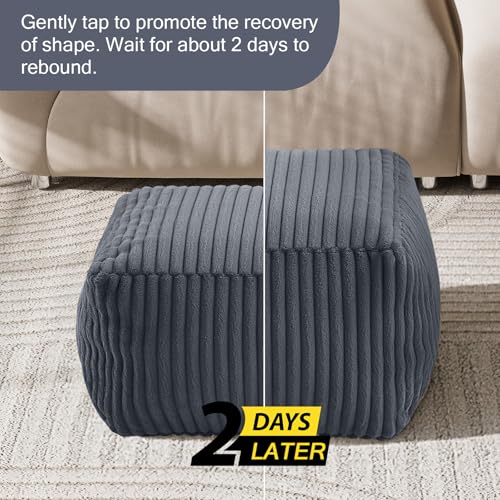MeMoreCool Square Stuffed Pouf Ottoman Foot Rest, Stripe Furry Floor Pouf Foot Stool with Foam Chunk Filling, Soft Fluffy Stuffed Ottoman Footrest for Living Room, Faux Fur Grey - color: Ribbed Dark Grey
