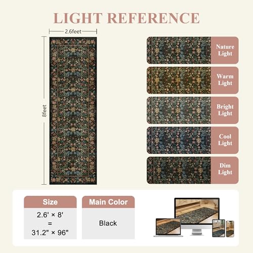 DUKINO 2.6x8 Runner Rug for Hallway, Washable Vintage Floral Kitchen Rug with Non Slip Backing, Soft Low Pile Throw Carpet Runner for Kitchen, Laundry, Hallway, Bathroom, Black - color: Black, size: 2'6" x 8' (Rectangular)