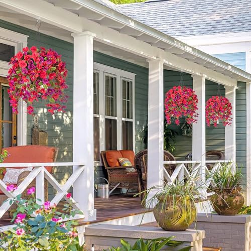 Artificial Fake Hibiscus Hanging Flowers Baskets for Outdoor Decoration, Faux Plants Silk Hibiscus Long Vines in Planter UV Resistant Realistic Flowers for Outside Porch Patio Home Decor, RedPurple - color: Redpurple