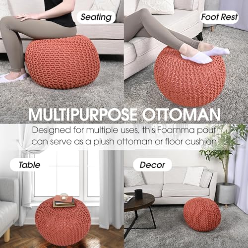 Nahunta Knitted Round Pouf - Cotton - Coral - color: Coral