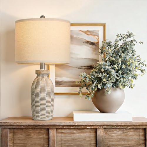22.75" Table Lamps for Living Room Small Lamps for Bedroom Bedside Lamps Set of 2 Boho Lamps for Night Stands Nightstand Lamp Farmhouse Vintage Rustic Modern Side End Table Lamp Light Home Deco Gifts - color: Grayish White & Wood Accents