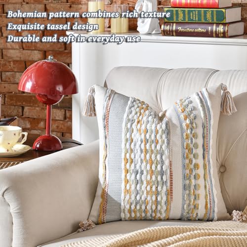 AmHoo Set of 2 Chenille Striped Textured Boho Throw Pillow Covers Aesthetic with Tassels Woven Decorative Pillow Case for Couch Bed Sofa Bedroom Modern Funky 18 x 18-Inch Grey - color: Grey, size: 18" x 18" (Pack of 2)