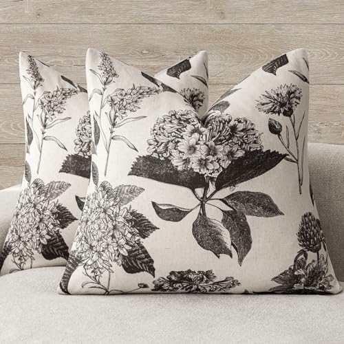 Foindtower Set of 2 Linen Floral Vintage Throw Pillow Covers Neutral Accent Print Decorative Cushion Covers Farmhouse Boho Home Decor for Sofa Chair Couch Bedroom Living Room,18×18 Inch,Black - color: Black, size: 18" x 18" (Pack of 2)