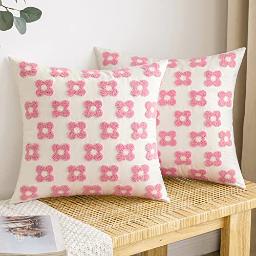 EMEMA Decorative Throw Pillow Covers Daisy Sun Flower Jacquard Pillowcase Cushion Case Square for Couch Sofa Bed Living Room Bedroom Set of 2, 18x18 Inch, Pink and White - color: A-pink and White, size: 18" x 18" (Pack of 2)