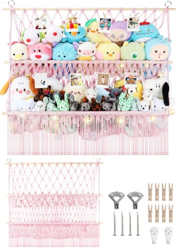 2 Tier Stuffed Animal Storage Shelf Net, 35x30'' Large Plushie Net w/ 2.4/1'' Dense Mesh for Mini Medium Stuffy Teddy, Pink Boho Macrame Plushies Storage Holder w/ Lights&Clips for Nursery Decor - color: Light Pink, size: Large-2 Tier-35x30 Inch