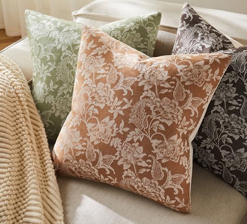 Floral Jacquard Throw Pillow Covers Set of 2, Background/Caramal 16x16 Inch, Farmhouse Decorative Cotton Caramal Cushion Covers for Sofa Bed Living Room Home Decor - color: Background/Caramel, size: 16" x 16" (Pack of 2)