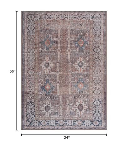 Bloom Rugs Washable Non-Slip 2' x 3' Rug - Brown/Blue/Orange Traditional Oriental Area Rug for Living Room, Bedroom, Dining Room, and Kitchen - Exact Size: 2' x 3' - color: Brown / Blue / Orange, size: 2' x 3' (Rectangular)