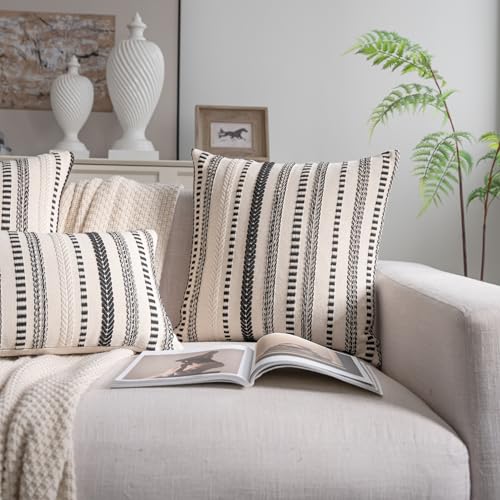 Cethom Black and Beige Boho Throw Pillow Covers 18x18 Inch Set of 2, Stripe Textured Decorative Couch Pillow Cases for Bed, Sofa, Living Room, Bedroom, Farmhouse Home Accent Cushion Covers - color: Black, size: 18" x 18" (Pack of 2)