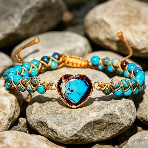 Women Boho Wrap Bracelet,Handmade Natural Stone Crystal Emperor Beads Heart Bracelet, Fashion Bohemian Jewelry Gift for Women - color: Blue #2