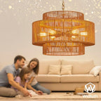 23.6" Large Rattan Chandelier Light Fixture,6-Light Hand-Woven Boho Light Fixture, 3-Tier Drum Wicker Chandelier for Dining Room, Bedroom, Kitchen Island, Foyer - color: Gold 23.6"