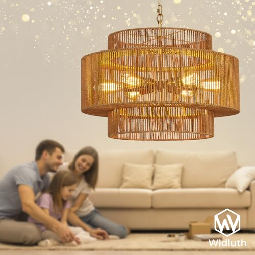23.6" Large Rattan Chandelier Light Fixture,6-Light Hand-Woven Boho Light Fixture, 3-Tier Drum Wicker Chandelier for Dining Room, Bedroom, Kitchen Island, Foyer - color: Gold 23.6"