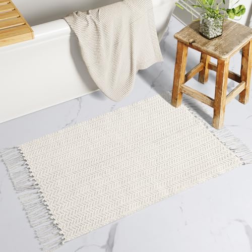 Lahome Belle Boho Bathroom Rugs, Small 2x3 Door Mat Indoor Lightweight Entryway Rug Washable Cotton Area Rug with Tassels, Farmhouse Non Shedding Beige Throw Rug Low Pile Carpet for Kitchen Laundry - color: Beige/White, size: 2' x 3' (Rectangular)