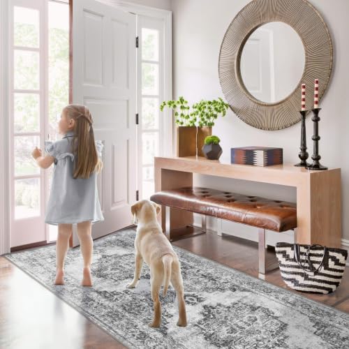 Area Rug 2x6 Runner Rugs: Washable Vintage Hallway Rug Indoor Medallion Rugs Low Pile Distressed Floor Carpet Retro Accent Rug for Kitchen Bedroom Bathroom Dining Room(Black, 2'x6') - color: Black, size: 2' x 6' (Rectangular)