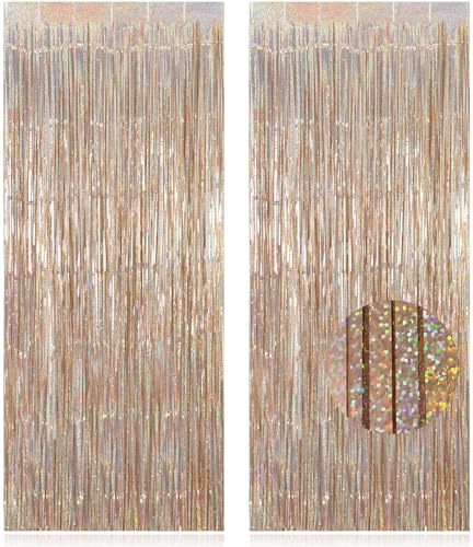 2 Pack Fringe Curtains Backdrops, Foil Fringe Curtains, Door Streamers for Birthday Wedding Bridal Shower Holiday Graduation Party Decorations, Photo Booth Backdrops, Glitter Champagne - color: Glitter Champagne