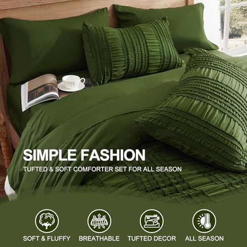 DHSFKBE Dark Green Tufted Textured Comforter Set King Size, 7 Piece Bed in a Bag，Shabby Chic Boho Bedding for Bedroom Comforter，All Season Soft Microfiber Ruffle Comforter Set with Pillow and Sheets - color: Dark-green, size: King