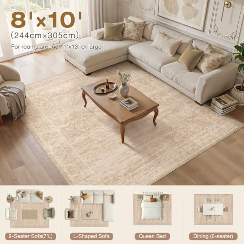 Nakagishi 8X10 Area Rugs Living Room:Washable Large Vintage Rug Neutral Non-Slip Soft Stain Resistant Indoor Carpet for Bedroom Nursery Dining Room Office Playroom - color: Beige/Dark Brown, size: 8' x 10' (Rectangular)