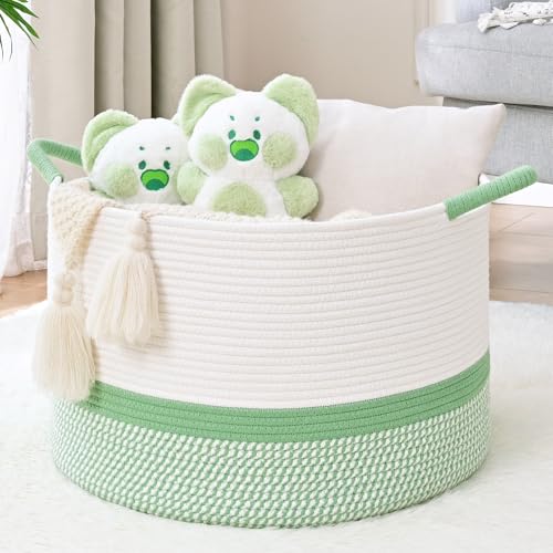67L Large Blanket Basket, 20"x13" Blanket Basket Living Room, Woven Baskets With Handle, Toy Baskets for Blankets, Nursery, Dog, Pillow, Gift (White & Green) - color: White & Green, size: 67L
