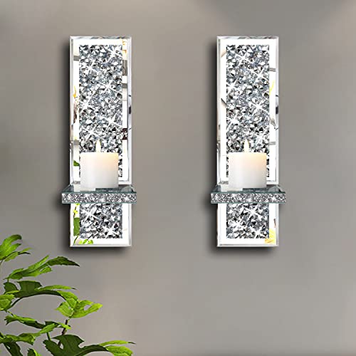 ZOLAPI Set of 2 Crystal Crush Diamond Candle Sconces, Gorgeous Silver Mirrored Wall Sconce, Candle Holder Glass Wall Decorations for Home Décor, Living Room, Dining Room. - color: Silver Mirror ①