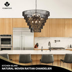 31.49" Large Rattan Black Chandelier for Dining Room, Farmhouse 12-Lights Boho Hand-Woven Bamboo Chandelier, Drum Wicker Black Chandeliers for Kitchen Island, Living Room, Bedroom, Entryway - color: Black 31IN