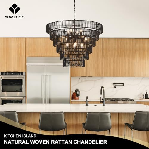 31.49" Large Rattan Black Chandelier for Dining Room, Farmhouse 12-Lights Boho Hand-Woven Bamboo Chandelier, Drum Wicker Black Chandeliers for Kitchen Island, Living Room, Bedroom, Entryway - color: Black 31IN