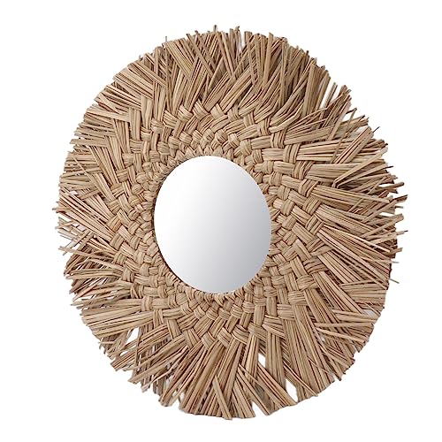 Retro Straw Weave Hanging Mirror, Rattan Boho Circle Mirrors for Wall Decor, Wall Mounted Mirror (Nature) - color: Nature