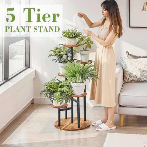 VECELO 6 Tier Plant Stand Indoor Outdoor, Tall Metal Wood Flower Shelf for Multiple Plants, Small Tiered Round Corner Display Rack, Planter Pot Holder for Patio Garden Balcony Living Room Bedroom - size: 6-Tier